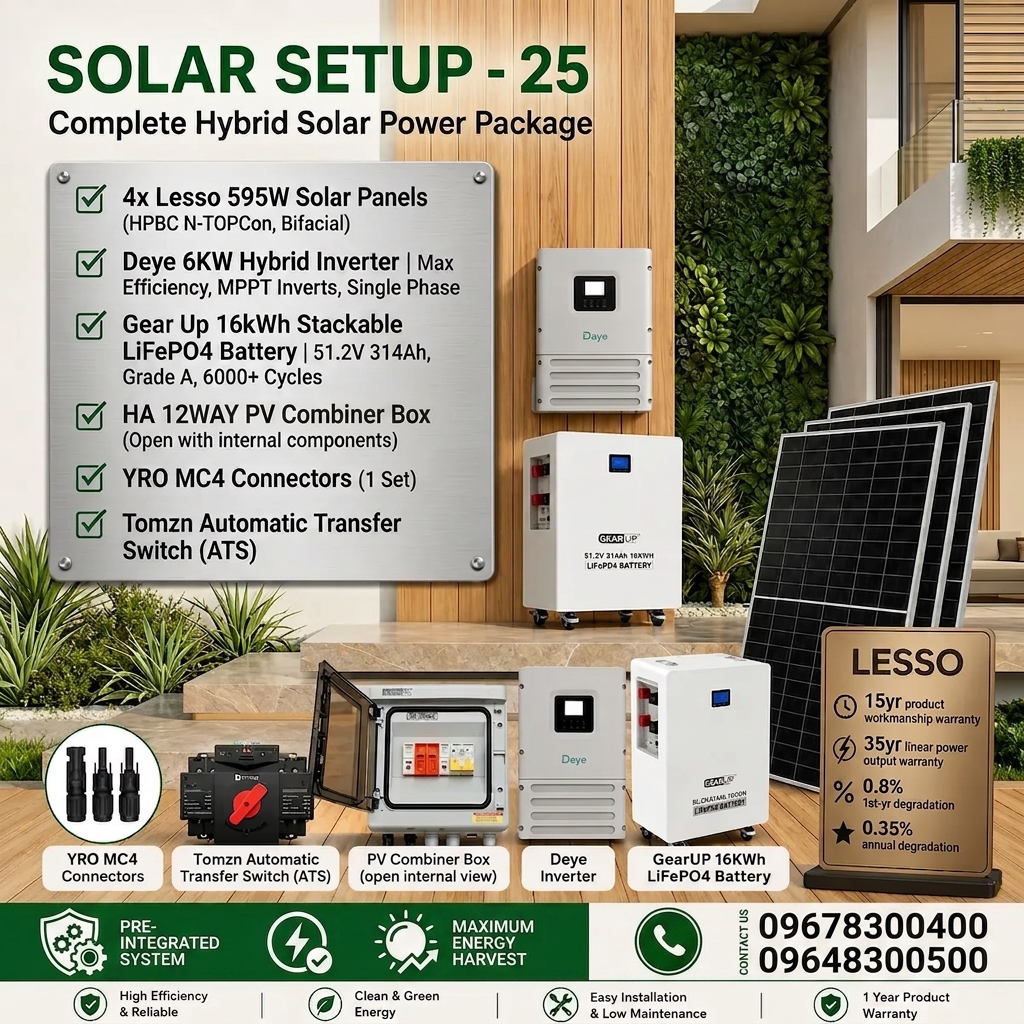 Solar Package 25 — Deye 6 kW + GearUP 16 kWh + 4 × Lesso 595 W
